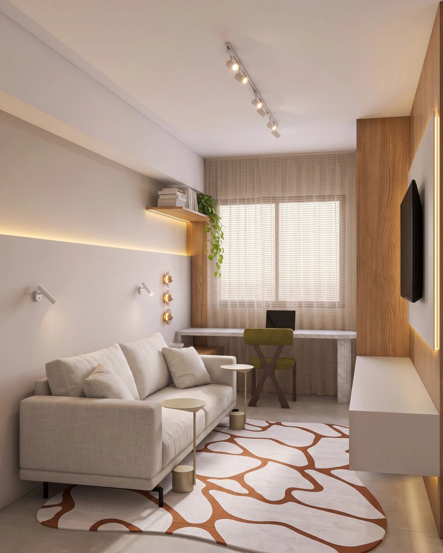 Sala de estar e home office renderizada com IA